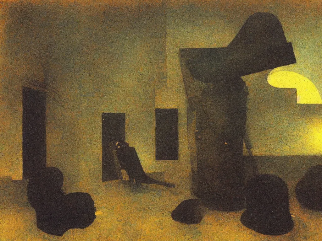 Image similar to painting by mikalojus konstantinas ciurlionis. portrait of astronomer asleep at the telescope. comet