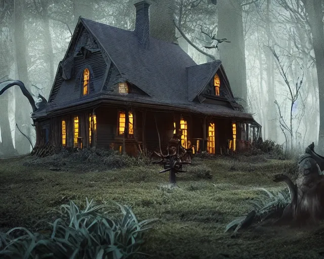 Prompt: the scariest witches house in the scariest dark forest, scary animals, epic scene, dark, scary, horror, frightening, fantasy, cinematic, redshift render, cgi, hyper - detailed, photo - bash, 8 k post - production, masterpiece