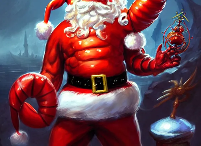 Image similar to magic : the gathering fantasy character concept art of anthropomorphic lobster wearing a christmas hat, by franz frazetta and marco bucci, high resolution. a clear portrait of powerful lobster impersonating santa, magical christmas wonderland in background, fantasy coloring, intricate, digital painting, artstation, smooth, sharp focus