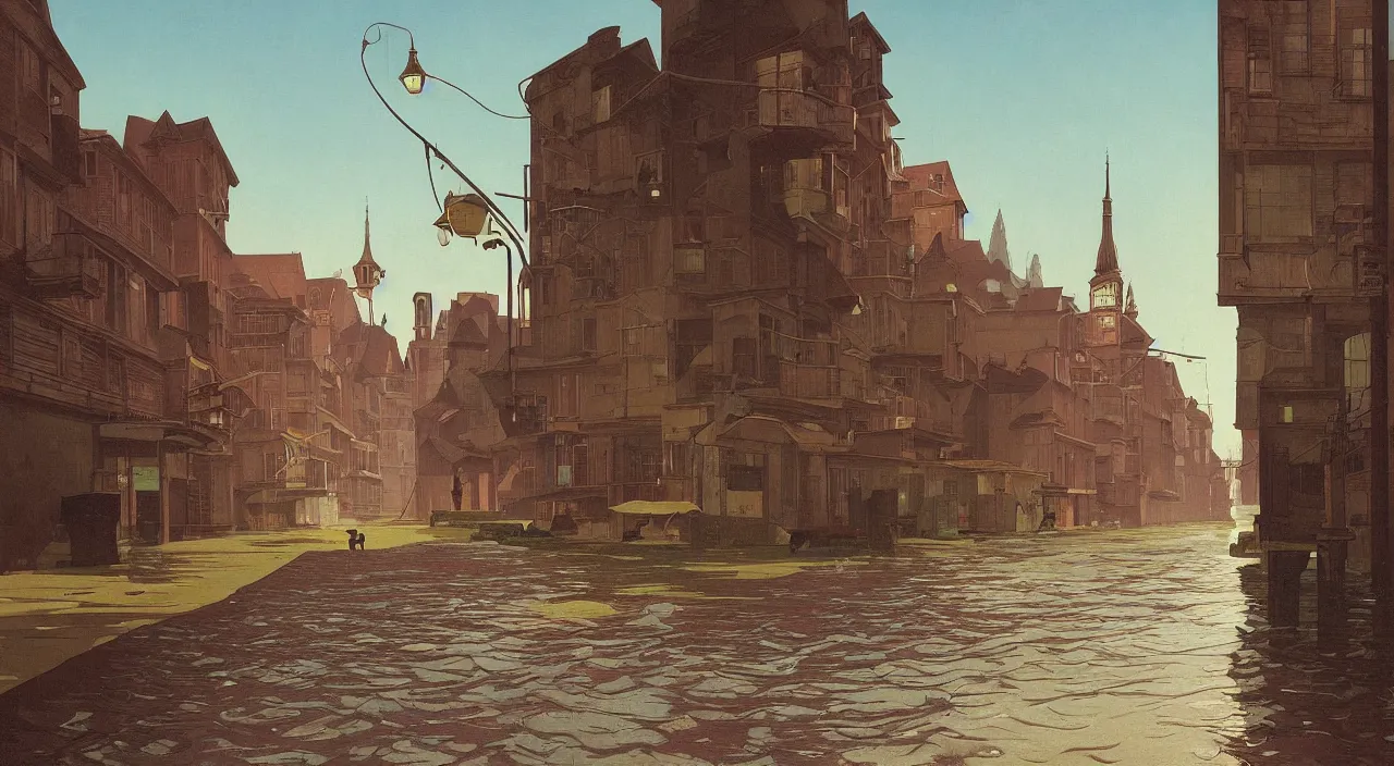 Prompt: single flooded simple wooden streets of a deserted city, very coherent and colorful high contrast!! masterpiece by rene magritte simon stalenhag carl spitzweg syd mead norman rockwell edward hopper james gilleard, minimalist, dark shadows, sunny day, hard lighting