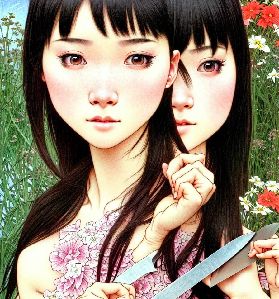 Image similar to closeup portrait of an innocent 18 year old lady from Vietname wearing a pretty little dress with straight silky black hair, in a butcher shop, holding a butcher knife. insanely and epically detailed high-quality artwork with soft colors, exquisitely detailed soft shadowing, amazingly composed image, epic pencil illustration, by Range Murata and by Alphonse Mucha and by Katsuhiro Otomo.