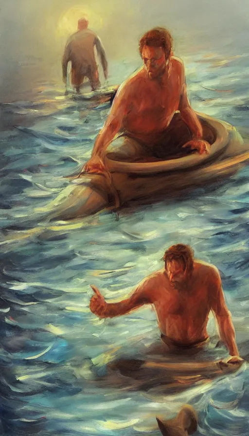 Prompt: man on boat crossing a body of water in hell with creatures in the water, sea of souls, by emilia wilk