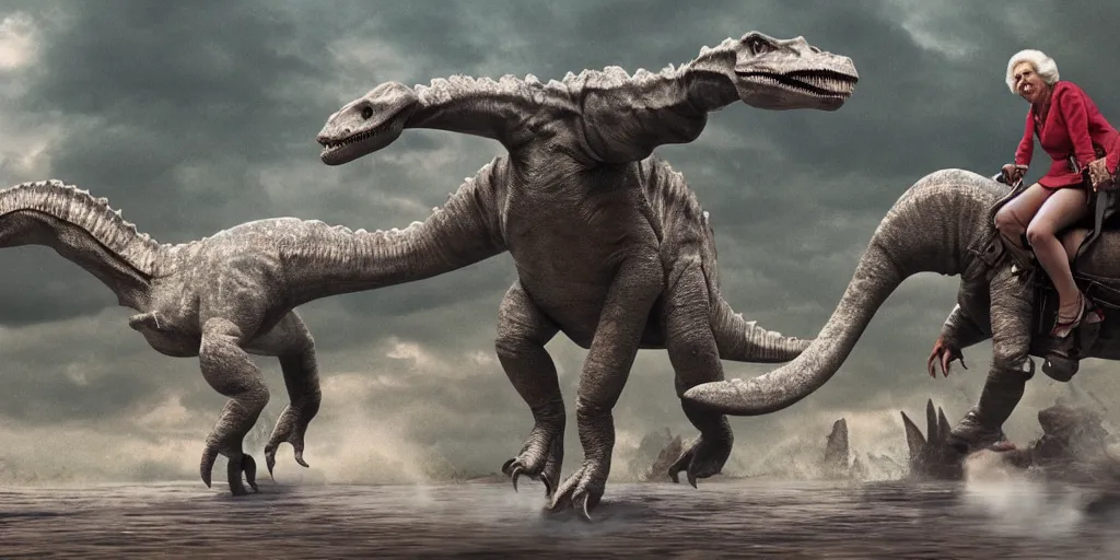 Image similar to mirtha legrand riding a dinosaur, cinematic, 4 k, movie