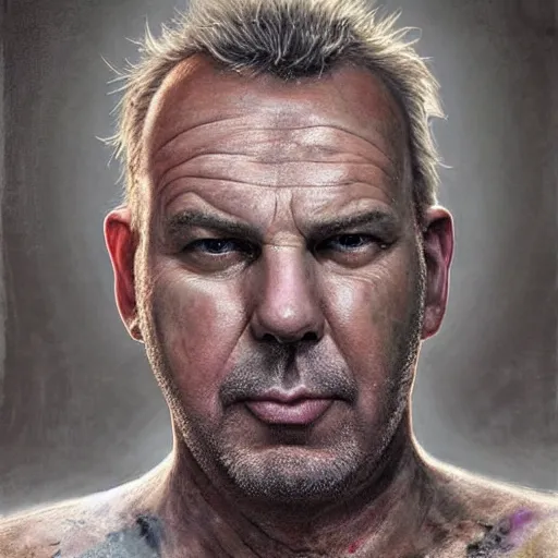 Image similar to hyperrealistic mixed media high resolution painting of morbidly obese Kevin Costner, stunning 3d render inspired art by István Sándorfi and Greg Rutkowski and Unreal Engine, perfect facial symmetry, dim volumetric lighting, 8k octane beautifully detailed render, full body shot, post-processing, extremely hyper-detailed, intricate, epic composition, highly detailed attributes, highly detailed atmosphere, cinematic lighting, masterpiece, trending on artstation, very very detailed, masterpiece, stunning, flawless structure, lifelike texture, perfection,