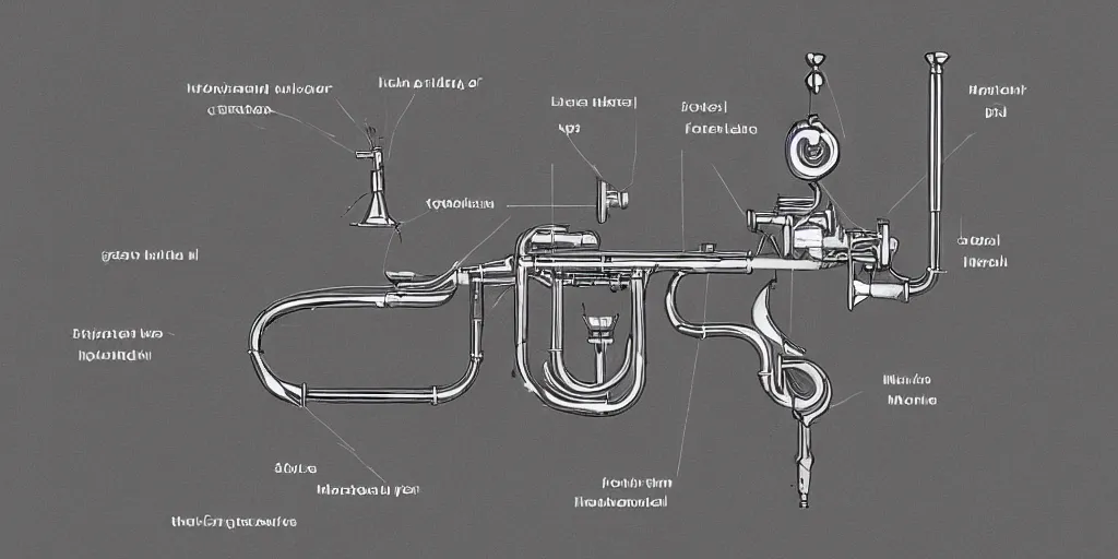 Image similar to mechanical diagram of an electronic trumpet made of silver, bone, pvc and miscellany