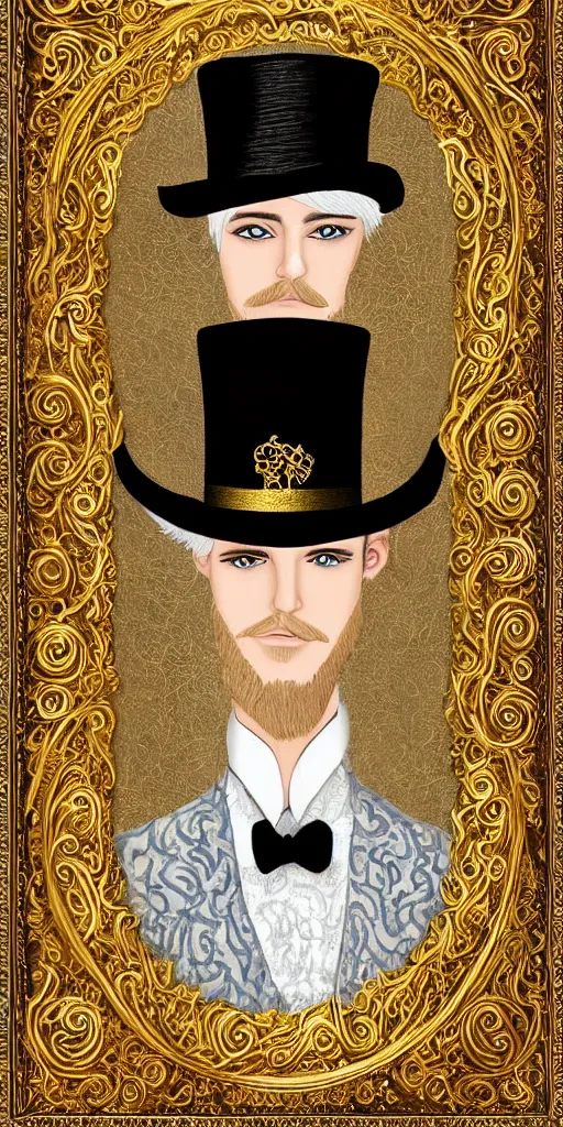 Image similar to beautiful detailed acrylic painting mystical mentalist man, has blond hair and a top hat. Wearing embroidered noble clothes. Heterochroma eyes. A small book with gold filigree in hand. Renaissance. Fantasy.