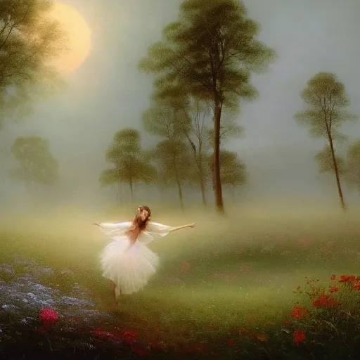 Image similar to the moonlit dance of the fae, dancers in white dancing across a flower meadow the moonlit dance by elena vizerskaya and ivan aivazovsky, perfectly detailed, artstation, sharp focus, highly detailed, studio photography, impresion de giclee arte abstracto, award winning