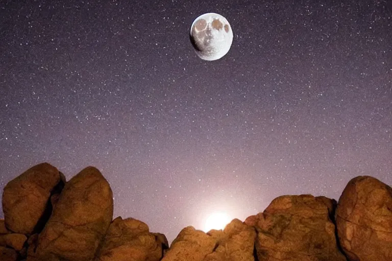 Image similar to the moon is breaking apart, fiery meteors light the night sky