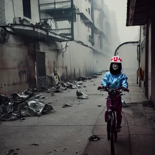 Image similar to a photo of a female wearing a hazmat suit, riding a bike, side-view, smoke in the background, filthy streets, broken cars. Vines growing. Jpeg artifacts. Full-color photo. Color color color color color. Award-winning photo. Samyang/Rokinon Xeen 50mm T1.5