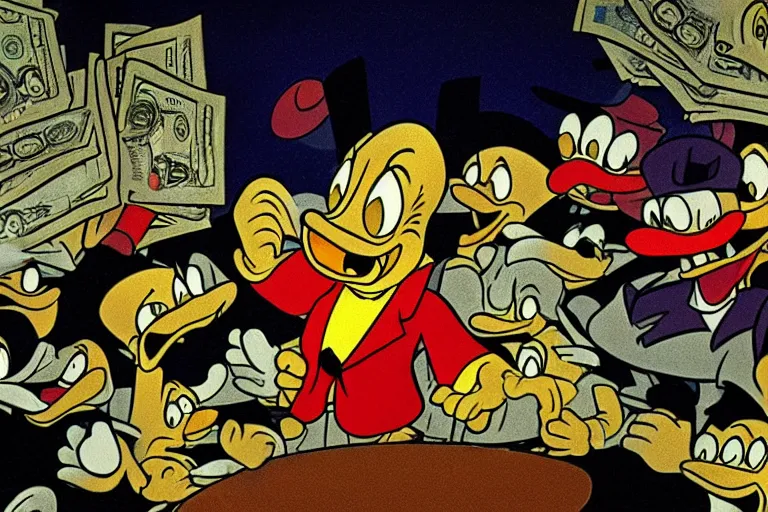 Image similar to Scrooge McDuck reacting to the Bitcoin crash, 8k, real photo, night scene, terrible