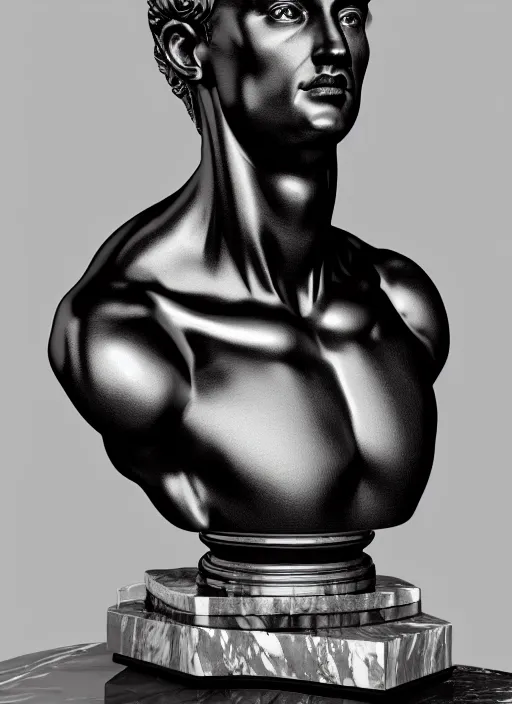 Prompt: stylized shiny metal and black ornate statue bust made of marble of hercules, perfect symmetrical body, perfect symmetrical face, hyper realistic, hyper detailed, by johannen voss, by michelangelo, octane render, blender, 8 k, displayed in pure white studio room