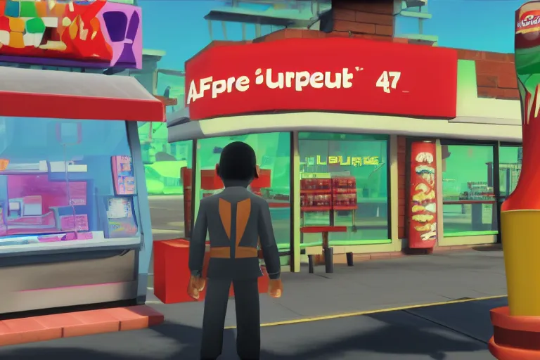 Prompt: agent 4 7 ordering a slurpee at 7 1 1, gamecube wind waker screenshot