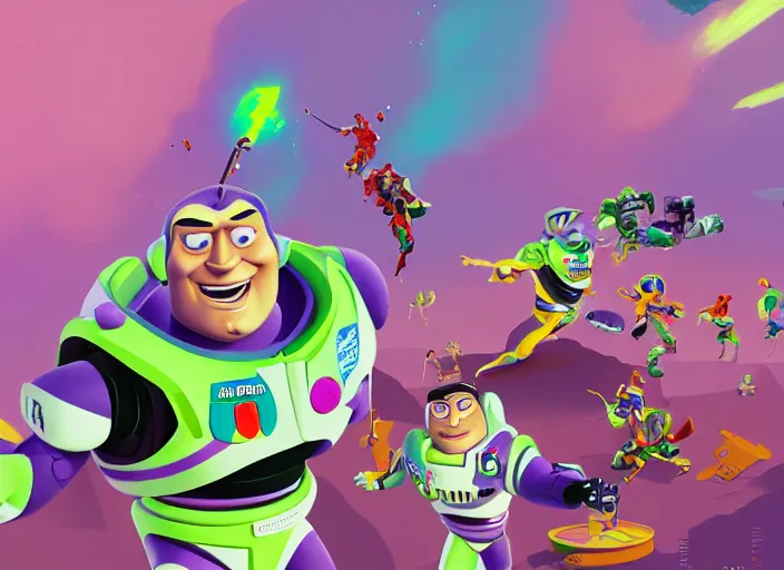 Image similar to barry chuckle as buzz lightyear, colorful, contrast, kim jung gi, greg rutkowski, zabrocki, karlkka, jayison devadas, trending on artstation, 8 k, ultra wide angle, zenith view, pincushion lens effect