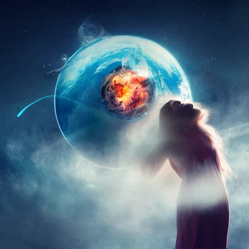 Prompt: a woman up there, concept art aesthetics, on fire, photoshop, colossal, creative and cool, giant, photo manipulation, planets, outer space, low angle, smoke, destruction