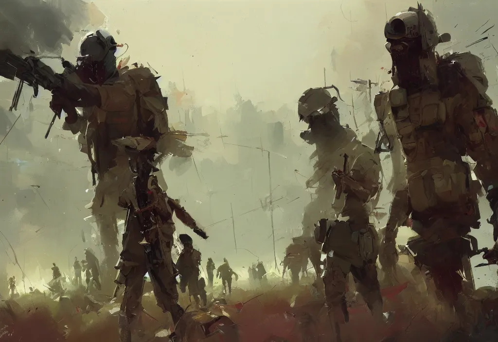 Image similar to ismail inceoglu painting of a war conflict, painting, trending on artstation, by greg manchess and by craig mullins and by kilian eng and by jake parker