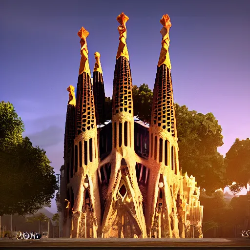 Image similar to finished version of sagrada familia by Gaudí, 4k, unreal engine, light particles, artstation