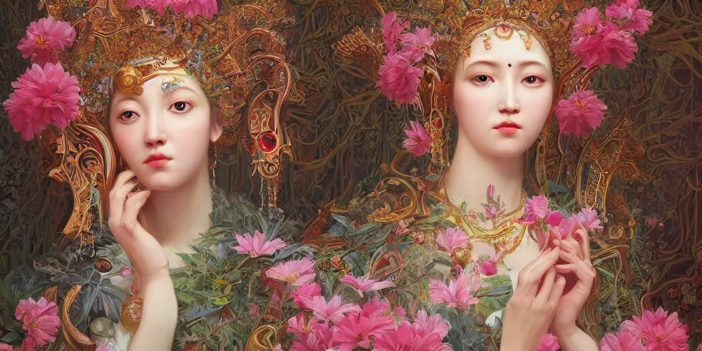 Image similar to breathtaking detailed concept art painting of the goddess of flamingo, orthodox saint, with anxious, piercing eyes, ornate background, amalgamation of leaves and flowers, by Hsiao-Ron Cheng and John James Audubon, extremely moody lighting, 8K