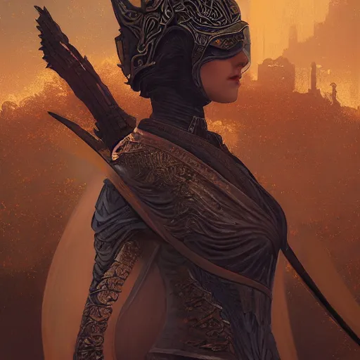 Image similar to portrait knights of Zodiac girl, metallic black and reddish color reflected armor, in ruined Agora of Athens, ssci-fi, fantasy, intricate, very very beautiful, elegant, golden light, highly detailed, digital painting, artstation, concept art, smooth, sharp focus, illustration, art by tian zi and WLOP and alphonse mucha