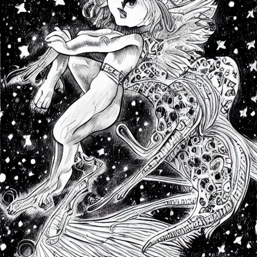 Image similar to lioness with wings in outer space, ink on paper, 8k high quality detailed art, trending on art station, manga art, by Eiichiro Oda