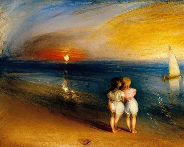 Image similar to a couple and a girl toddler on a beach in sardinia looking at the sunset, there is a sailing boat on the horizon, the woman has long dark hair, white sand, blue sky, summer, white and blue, painting by j. m. w. turner in 2 0 2 2