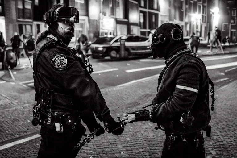 Image similar to photography of a cypherpunk being arrested in amsterdam at night