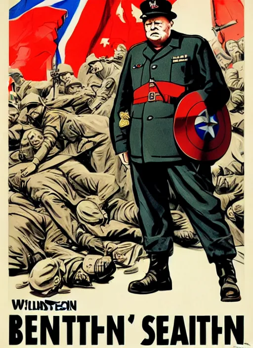 Image similar to winston churchill captain america standing on a pile of defeated, beaten and broken german soldiers. captain england wins wwii. brittish wwii propaganda poster by james gurney and pixar. overwatch.