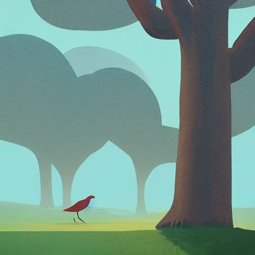 Image similar to a painting of a large bird standing next to a tree, a storybook illustration by James Gilleard, behance contest winner, environmental art, behance hd, 2d game art, reimagined by industrial light and magic