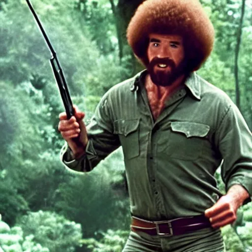 Prompt: A still of Bob Ross as Rambo in Rambo First Blood (1982)