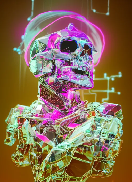 Prompt: photo of fullbodied baroque and bladerunner delicate neon diamond sculpture of robot onyx albino marble prince kai harvatz dotado pink iridescent skull psychedelic, reclining, glowing magenta face, crown of white diamonds, cinematic lighting, photorealistic, octane render 8 k depth of field 3 d