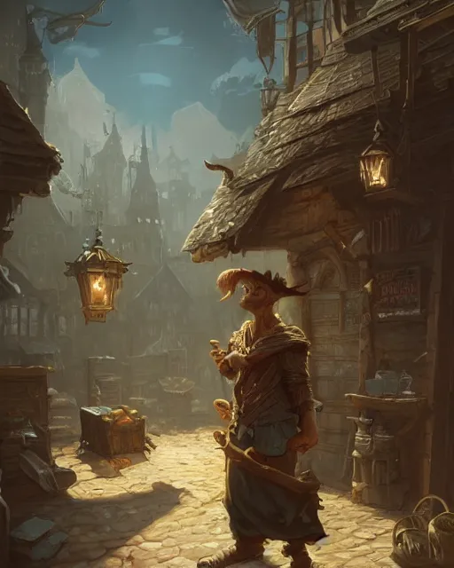 Image similar to A merchant selling treasuries, highly detailed store, fantasy art, goblin art, in the style of greg rutkowski, illustration, epic, fantasy, intricate, hyper detailed, artstation, concept art, smooth, sharp focus, ray tracing