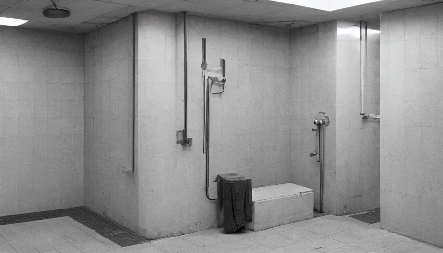 Image similar to 60s movie still of empty public shower, cinestill 800t 50mm eastmancolor, liminal Space style, heavy grain-s 150