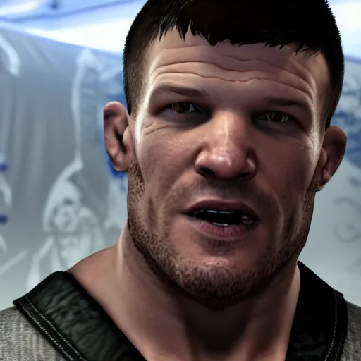 Image similar to character screenshot of ufc commentator michael bisping with a pirate eyepatch, npc talking, skyrim, wilderness, 1 0 8 0 p, bokeh, elder scrolls v, detailed, dialog text