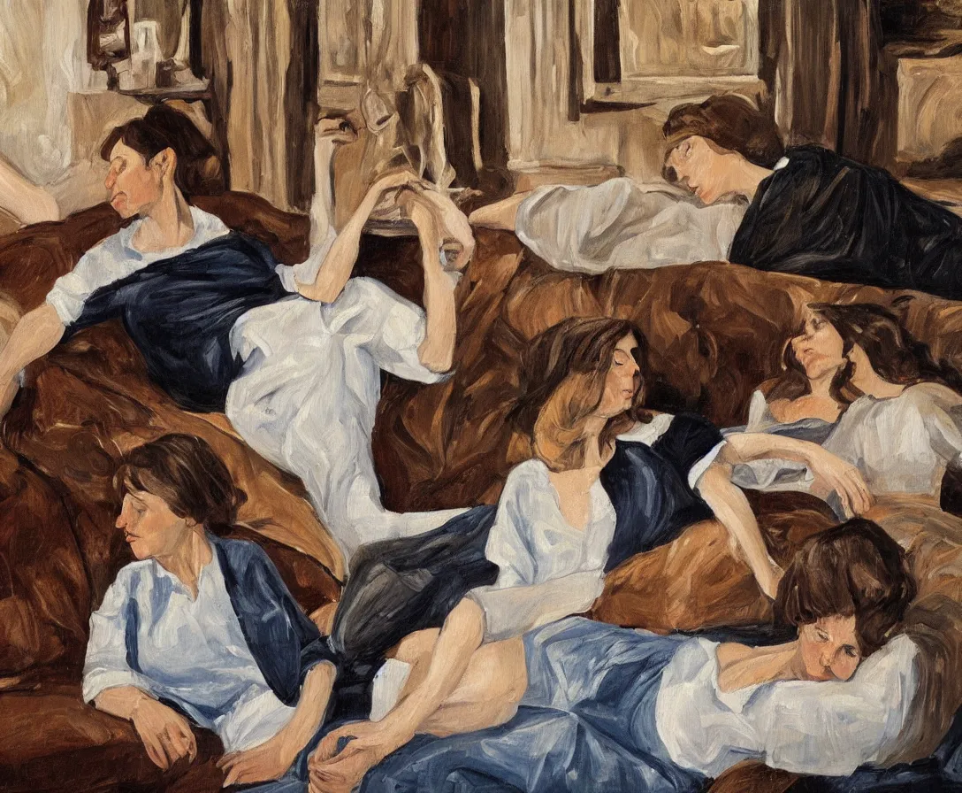 Image similar to two women, in an old english apartment on a brown leather sofa. one is wearing a dark blue sweather, the other a white shirt. brown hair, they are looking into the camera. wide shot. in the style of lucien freud. oil painting.