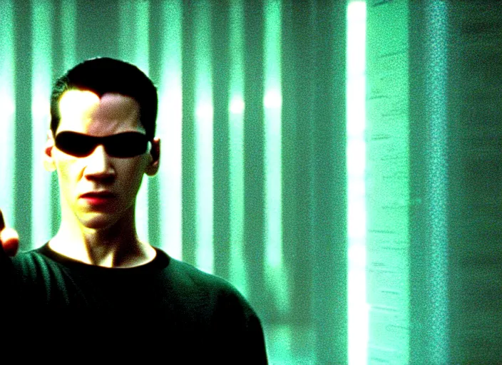 Image similar to Movie still of Neo in The Matrix movie doing a thumb up to the camera in front on burning servers.