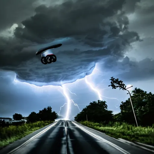 Prompt: futuristic flying car circumscribed by a circle made of lightning in storm clouds, 28mm dramatic photo