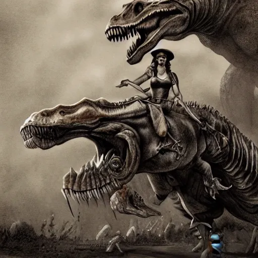 Image similar to a pencil sketch of a pinup girl wearing a cowboy hat riding a tyrannosaurus rex, adonna khare, fine detail, high resolution