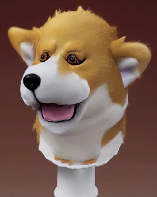 Image similar to hyperreal derailed maquette of a corgi dog as donald trump, donald trump ’ s head on the neck of a corgi dog body, creature design by rick baker, jordu schell style, studio lighting