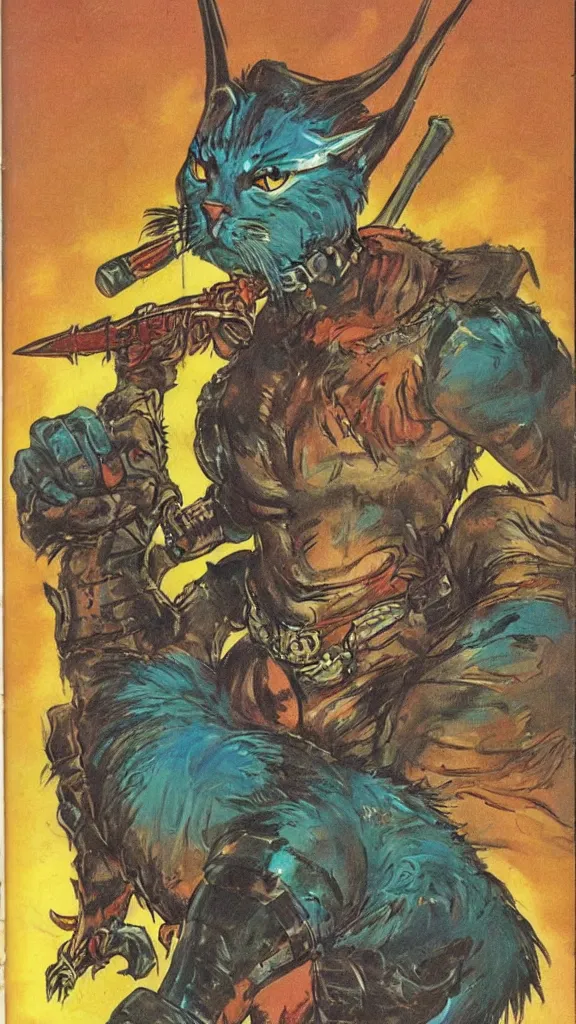 Prompt: 1 9 8 0 s pulp sci fi magazine illustration of a barbarian cat warrior by ralph bakshi