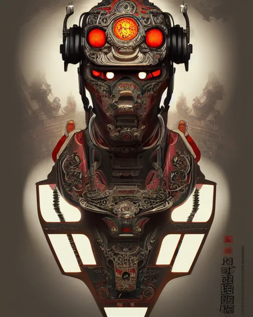 Prompt: portrait of a male cyberpunk machine, machine face, upper half portrait, decorated with chinese opera motifs, asian, fine china, wuxia, traditional chinese art, intricate, elegant, highly detailed, symmetry, headpiece, digital painting, artstation concept art smooth sharp focus, illustration, art by artgerm and greg rutkowski alphonse mucha 8 k