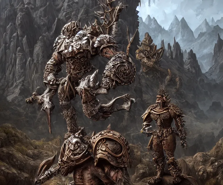 Image similar to trailcam footage grotesque horrific stylistic vray 3 d render of warhammer, silver ornate armor slim bodybuilder warriors, mountains and giant gothic abbeys, hyperrealism, fine detail, 8 k, artsation contest winner, cgsociety, fantasy art, cryengine, brush strokes, oil canvas by mandy jurgens and michael whelan