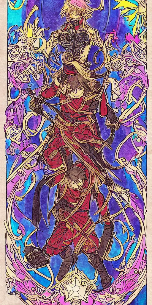 Image similar to a ninja from final fantasy 14, intricate, amazing line work, cosmic, psychedelic, cheerful, colorful, tarot cards,