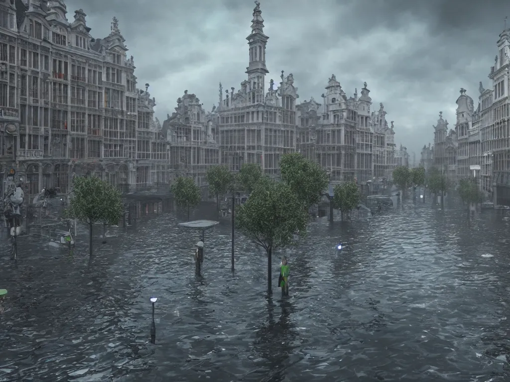 Image similar to Brussels under water, post-apocalyptic extremely detailed 8k octane rendering photorealistic