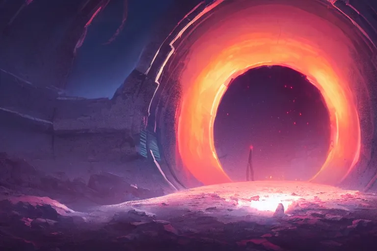 Image similar to a single distant fleshy glowing portal opens up in an otherwise dark and desolate landscape : retro, sci - fi, surrealism, vaporwave, concept art, 4 k, ultra hd, very detailed, digital art