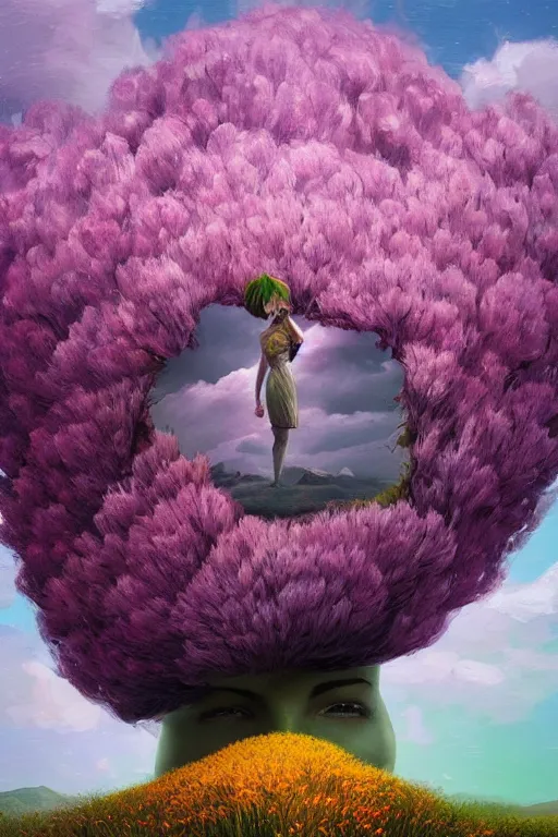 Prompt: closeup, giant flowers head mohawk, woman in a heather field, surreal photography, starlight, storm clouds, impressionist painting, digital painting, artstation, simon stalenhag