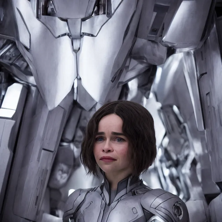 Image similar to scifi emilia clarke looks like ghost in the shell, extremely high detail, high detailed face, smiling woman, cyborg, photorealism, emilia clarke, sony a 7 r