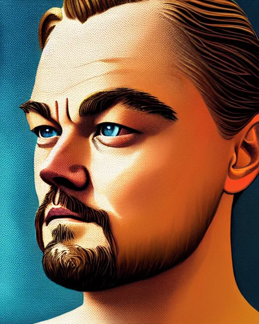 Image similar to painting portrait of leonardo dicaprio as a carp fish, cartoon, warm lighting, leonardo dicaprio has an carp fish body, movie poster, illustration by bartek fedyczak, erak note, tooth wu, neil richards, kan liu, siwoo kim, jisu choe, trending on art station