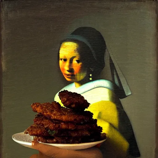 Image similar to a bacalaito fritter in the style of vermeer, glitch art