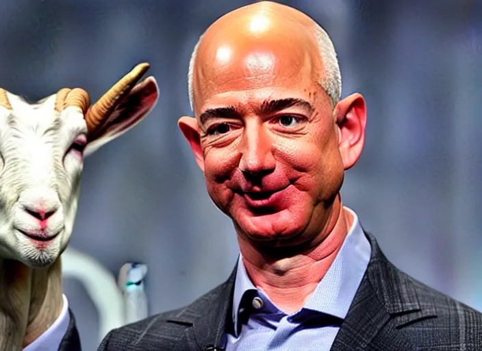 Image similar to jeff bezos with goat horns growing out of his forehead