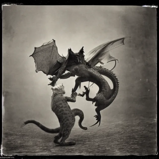 Image similar to silver gelatin photograph of a cat attacking a dragon, london 1 9 1 2