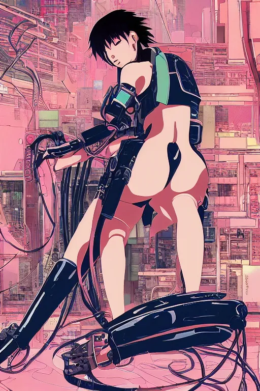 Prompt: cyberpunk anime style illustration of motoko kusanagi seated on the floor, seen from behind with her back open showing a complex mess of cables and wires, by masamune shirow and katsushika hokusai, studio ghibli color scheme